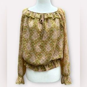 DR2 Paisley Peasant Cottagecore Green Pink Boho Fairy Blouse Size Large Coquette